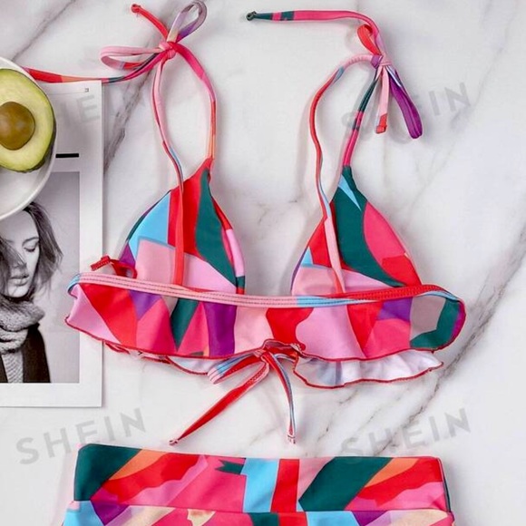 color block tie front high waisted bikini set - Picture 2 of 6